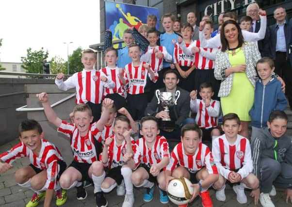 FOYLE CUP LAUNCH. . . .Ex-Everton midfielder Kevin Kilbane, pictured with the Mayor, Councillor Elisha McCallion and Derry City Colts players launching the 2015 Foyle Cup at the City Hotel in Londonerry tonight.