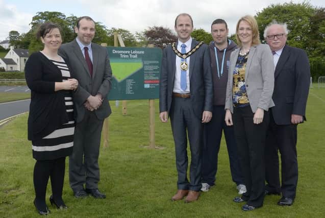 Lord Mayor Darryn Causby was joined by Head of Leisure Services Ben Corr, Health and Social Wellbeing Improvement Senior Officer Orlaith Moley, Alderman Paul Rankin, Cllr Hazel Gamble and Les McElroy at the opening of the Trim Trail at Dromore Leisure Centre  ©Edward Byrne Photography INBL1523-210EB