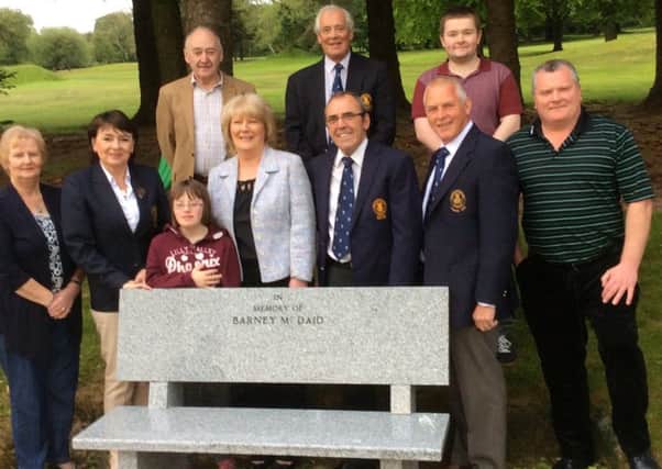 Pictured are City of Derry Golf Club Officials and McDaid Family members at the unveiling of the seat presented to the club by the family to mark Barney McDaid's long association with the Prehen club. Barney passed away on the 18th of April 2014.
