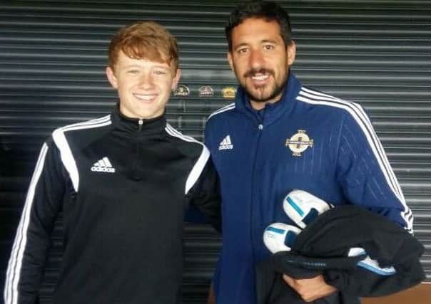 Northend player, Oliver Boyle, at the Irish FA's coaching CPD day, along with former Newcastle United star Jonas Gutierrez.
