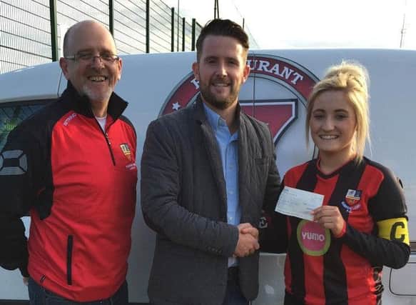 Banbridge Town Ladies sent their thanks to Kris Fletcher for his sponsorship for the season. Kris is the owner of Number 7 Newry, Number 7 Rushmere and YUMO, Town's current kit sponsors. Kris is pictured with Club Chairman Paul Cull and Team Captain Michelle Spence.