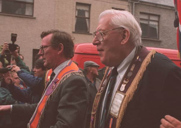 Ian Paisley and David Trimble at the bottom of the Garvaghy road after the 1995 parade was allowed to pass down the road.