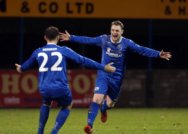 Jamie Tomelty celebrates after he scored a goal against Portadown last season.