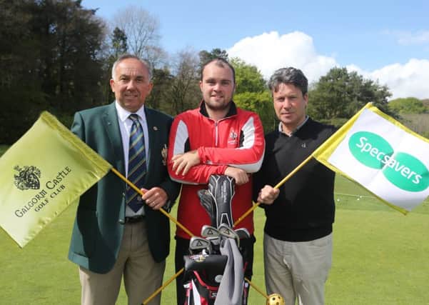 Captain of Galgorm Castle Golf Club Keith Dinsmore (left) club member and Irish International Jordan Hood (centre) are seen here with Steven Penney of Specsavers at last week's launch of the North of Ireland Amateur Strokepaly tournament which Specsavers are sponsoring for the sixth year in a row. The tournament will be held at Galgorm Castle on Tuesday 9th June. INBT 22-170CS