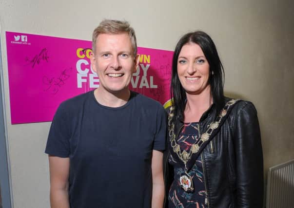 Chairperson Cllr Linda Dillion pictured with the headline act Patrick Kielty at Cookstown Comedy Festival