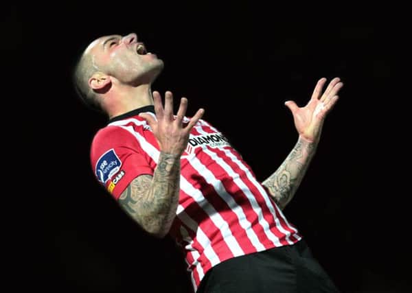 Anthony Elding celebrates a goal against Drogheda in the Brandywell. Picture Margaret McLaughlin ©