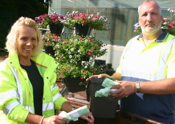 Recycling staff from Mid and East Antrim Borough Council, Beverley McMullan and Colin Patton prepare to roll out the new food waste recycling initiative.  INLT 24-676-CON
