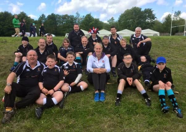 Members of the Ballymena Bears squad pictured with England women's rugby captain Tamara Taylor during their trip to Telford.