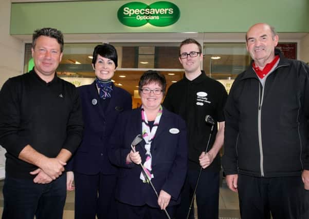 Steven Penny, Catriona McKeown, Bernie McElroy and Ryan Scholfield, sponsors of the Specsavers competition at Ballymena Golf Club, are pictured with club representative Ken Revie. INBT23-200AC