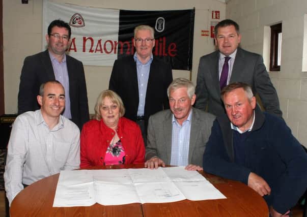 Pictured at the recent launch of the All Saints GAC floodlighting project are Peter Connon, Peter Daly and Jim Brady (All Saints GAC), Raymond Sweetlove (FM Stewart & Associates), Marie Glass (MEA Council) and Ed Crawford & James Anderson (Crawford Contracts Ltd).