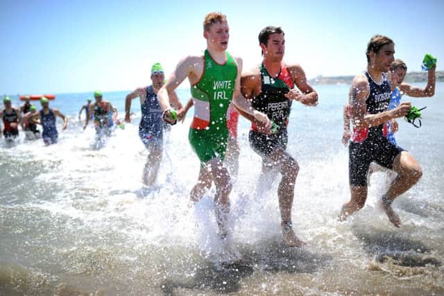 Russell White exits the water beside world number 15 Joao Pereira of Portugal at the Baku European Games. Credit: European Triathlon Union / Janos Schmidt