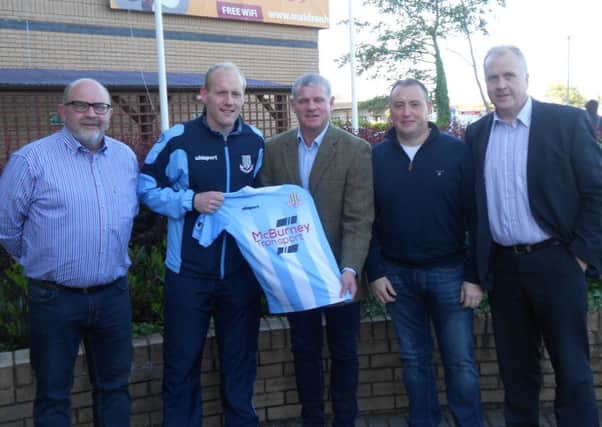 Ballymena United goalkeeper Dwayne Nelson announces details of his forthcoming testimonial match against a Glasgow Rangers XI with former Ibrox midfielder Ian Durrant, who will manage the Rangers side. Also included are United officials Ronnie McDowell, Davy Douglas and Alan Francey.
