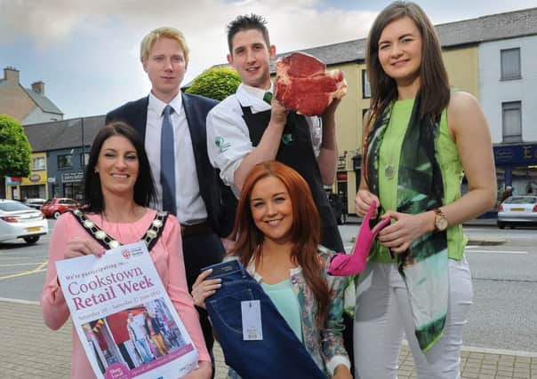 Pictured launching Cookstown Retail Week are Councillor Linda Dillon, Chair, Mid Ulster District Council, Paul Wilson, President, Cookstown Chamber of Commerce, representatives from local businesses Diane Heron, Cuba, Rhonda Armstrong, Precious and Gareth Hutton, Huttons Butchers.