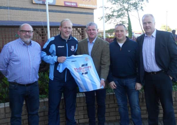Ballymena United goalkeeper Dwayne Nelson announces details of his forthcoming testimonial match against a Glasgow Rangers XI with former Ibrox midfielder Ian Durrant, who will manage the Rangers side. Also included are United officials Ronnie McDowell, Davy Douglas and Alan Francey.