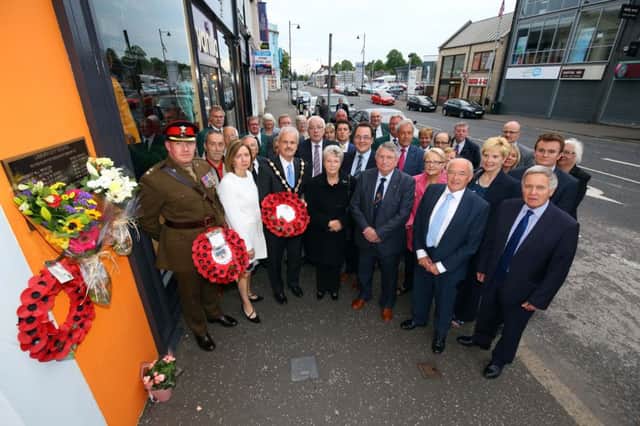 Pictured at the wreath laying ceremony at Market Place in Lisburn is Mayor, Cllr Thomas Beckett; Lt Col Cannon; Dr Teresa Donaldson, Chief Executive; MLAs, family members, the Royal British Legion, Regimental Association of the UDR and Elected Members of Council.