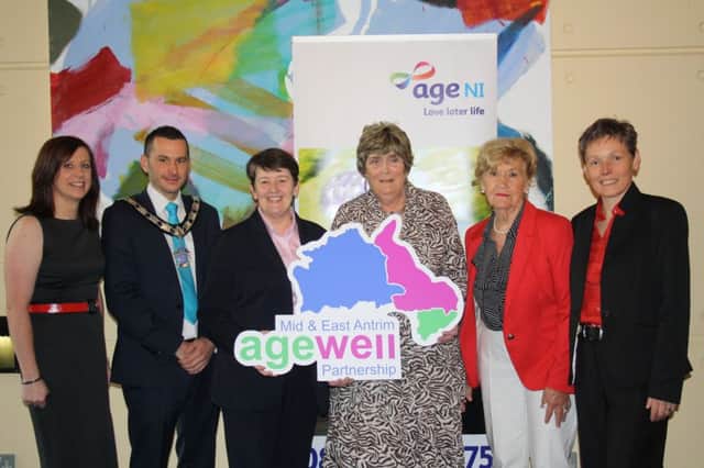 (From left) Deirdre McCloskey, from the Ballymena based Mid and East Antrim Agewell Partnership (MEAAP), Deputy Mayor of Mid and East Antrim Borough Council Timothy Gaston, Linda Robinson Age NI CEO, Caroline McKeown MEAAP, Patricia McCormick MEEAP and Eileen Mullan, Age NI Chair during the Making Later Life Better event in the ECOS Centre, Ballymena focusing on the partnership, planning and action that must be taken to ensure a better later life for people in the Mid and East Antrim council areas. (Submitted Picture).