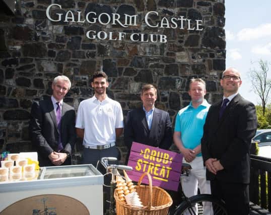Launching the Ulster Bank Good Food Festival showcasing at this summers Northern Ireland Open golf championship are, from left Terry Robb (Ulster Bank) Chris Selfridge (European Tour professional) Christopher Brooke (Galgorm Castle) Sean McNicholl (SPHERE Global) and Neil Cooke (Ulster Bank). (Submitted Picture).