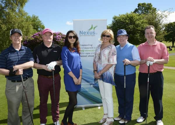 Jenny Pogan and Helena Bracken, from Nexus NI, pictured with, from left, Greg Oates, Robert Leckie, Kevin Caldwell and Dermott Canning, who took part in the annual Nexus Charity Open at City of Derry Golf Club. INLS2515-173KM