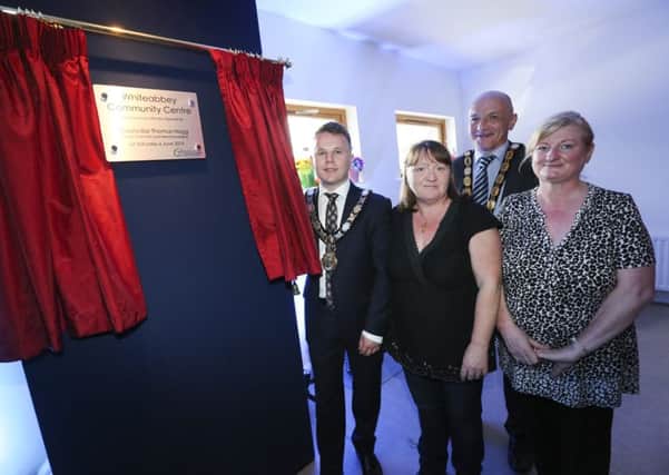 Plaque unveiled: Mayor Thomas Hogg and Deputy Mayor John Blair with Joanne McCabe and Margaret King from Whiteabbey Community Group Management Committee at the community centre reopening.