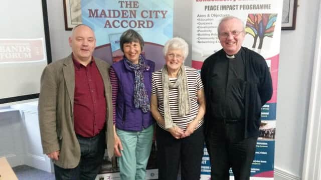 Derek  of The Maiden City Accord, Eleanor Duff, Chairman, Pat Crossley, Press officer and Most  Rev Donal McKeown at St Columb's Park House, Derry/Londonderry. inbm226-15