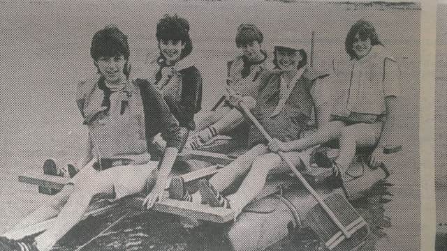 Members of 2nd Greenisland Girl Guides taking part  in a raft race in June 1985. INCT 25-702-CON HIST