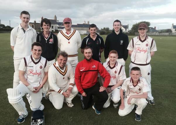 Larne celebrate their midweek T20 win over Carrick at Sandy Bay. INLT 26-918-CON