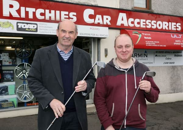 Ken Revie, of Ballymena Golf Club, is pictured with Bernard Hamil of Ricthies Car Accessories, who are sponsors of the Ritchies/Clarion tournament at the club. INBT25-202AC