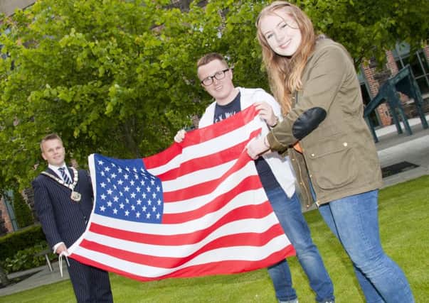 Mayor of Antrim and Newtownabbey Borough Council Thomas Hogg  with students Ruby Irvine and Matthew Audley who are in  Arizona on the Sister Cities Student Exchange Programme. INNT-25-704-con