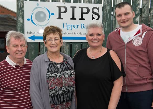 Members of PIPS Upper Bann, from left, Malachy Toman, Anne Nugent and Barbara and Gareth Scott. The group is holding its 'Strictly Dancing' fundraising event this weekend and Slimming World, of which Barbara and Gareth are members, also  recently made a cash donation to the charity. INLM2515-430