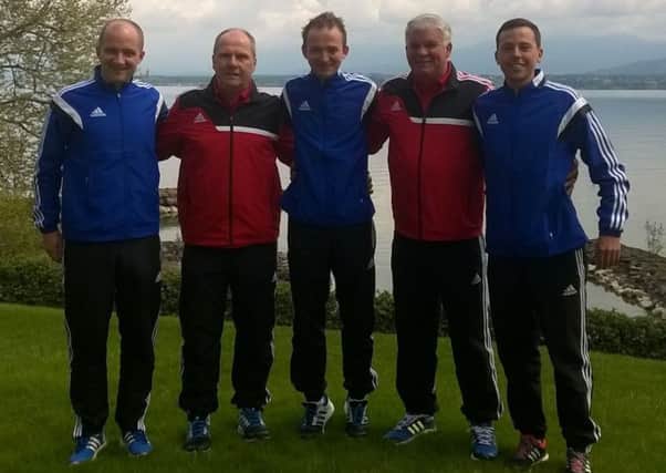 From left to right: Paul Robinson (IFA Assistant Referee); Peter Jones (CORE Coach); Keith Kennedy (IFA Referee); Alan Snoddy (Senior CORE Coach) and Stephen Donaldson (IFA Assistant Referee).
