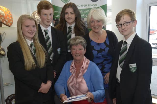 Amanda McCullough, Principal of Rathfriland High School and Vice Principal Ruth Chalmers pictured with pupils Emma Harmon, Georgina Thompson, James Toal and Craig Wilson ©Edward Byrne Photography INBL1525-323EB