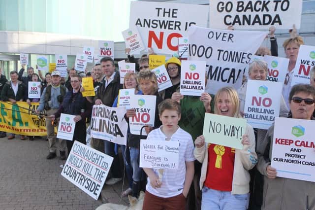A large group of protestors meet Councillors as they entered the meeting of Causeway Coast and Glens Borough Council in Coleraine this evening as they protest against drilling by Rathlin Energy at Ballinlea bore hole. PICTURE KEVIN MCAULEY/MCAULEY MULTIMEDIA