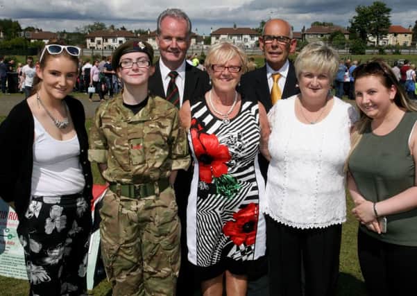 Victoria Henry, Cadet Anna Henry, Cllr. Billy Henry, Cllr. Audrey Wales, Chris Wales, Jackie Henry and Grace Carson pictured at the Armed Forces Day at Ballymena Showgrounds. INBT26-255AC