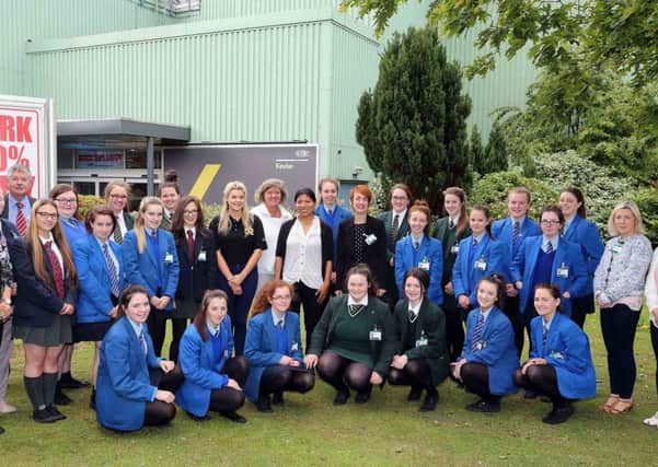 Petra Grashoff, Plant Manager, DuPont, welcomes guests and students from Lisneal College, St. Cecilia's College and St. Mary's College to the Maydown Plant.