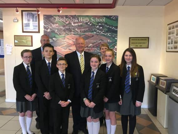 Upper Bann MP David Simpson with Banbridge High School pupils, alongside Mr Bell (Principal) and Mrs Denver (Teacher).