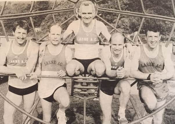 Larne Athletic Club members Kevin McRandal, Kenny McVicar, Billy Magee, Walter Harrison and John Agnew pictured after winning a charity assault course race. INLT 26-901-CON