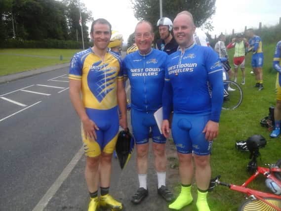 David Frizell and Jonathan Maxwell with Chairman Billy Maxwell after last week's 25 TT on the Castlewellan Road. Both these riders only started racing this season and both have a great future at the Wheelers.