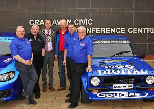 From left to right are William Fullerton (event  director) 11 time Lurgan Park winner Kenny McKinstry, Lord Mayor Darryn Causby, previous Escort Challenge winner Wesley Patterson, Lurgan Park Rally Clerk of the Course Barry Taggart and the main sponsor for the even this year Brian Stinson of Orchard Motorsport.