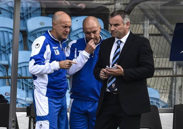 Ballymena United manager Glenn Ferguson and his coaches Lee Doherty and Norman Kelly are busy making plans for the new season. Picture: Press Eye.