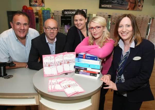 Brian Logan and Richard Mairs, production, Judith Ball, Specsavers, Louise McClarty, lead role of Elle Woods, and Lynn Mackey, Specsavers, pictured at the launch of the sponsorship of Ballywillan Drama Group's production of Legally Blonde at Specsavers Coleraine. INCR28-314PL
