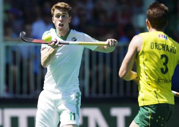 Ireland's Stephen Dowds in action against Australia in the World Hockey League Semi-Final. ©INPHO/Frank Uijlenbroek