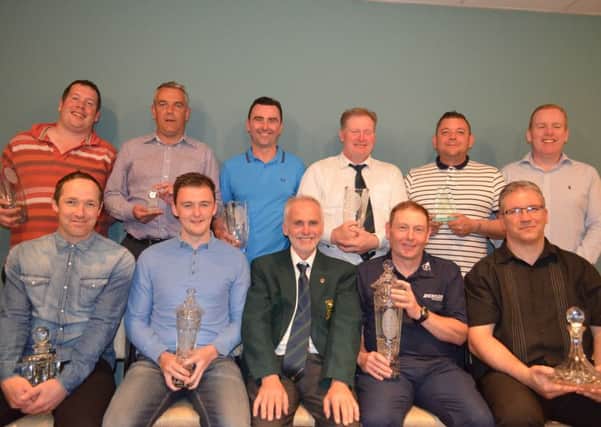 Mr Rob Gallagher's Presidents Day prize winners. Front row left to right: Gary Kennedy (Fourth), Sean McBay (Second), Mr Rob Gallagher (President), Tom Gillespie (Winner) and James McDaid (Third). Back row left to right: Harry Lafferty (Back Nine), Damian McColgan (Rep), Jack Kennedy (Juvenile), Colin Doherty (Cat. 3), Chris Lynch (Cat. 2), Mark McIntre (N/P) and Michael Thompson (Guest).