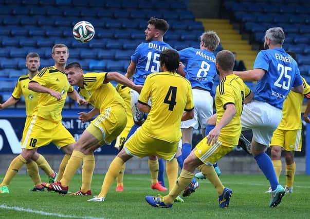 Glenavon's Conor Dillon goes close with a header on the Shakhtyor Soligorsk goal