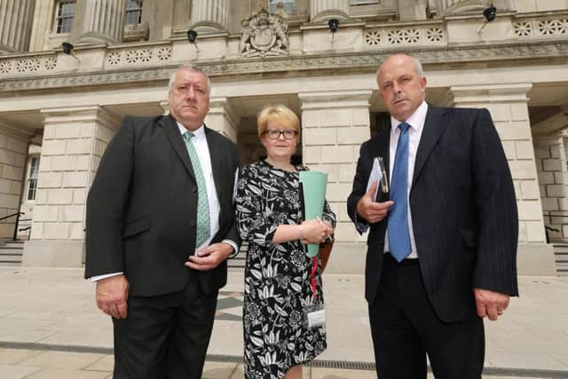 Lisburn & Castlereagh City Council representatives Councillor Pat Catney; Catharine McWhirter, Community Planning Manager and Alderman James Tinsley at Stormont as they attend the Justice Committe meeting to give evidence to the Committee on the proposals to close Lisburn Courthouse.