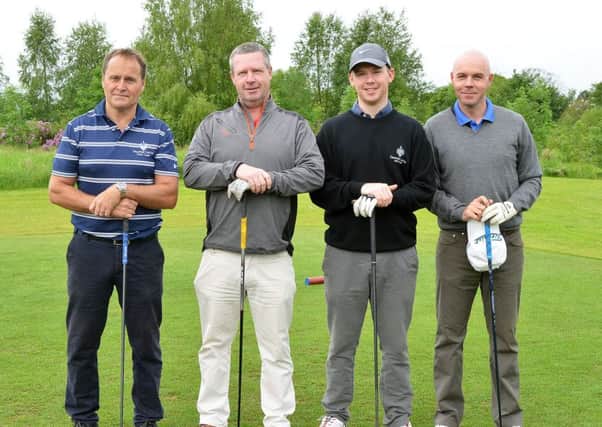 Adrain McCart, Jonathan McCart, Raymond Steele and Gary Crabbe at The NI Open  Corporate Hospitality Stableford at Galgorm Castle Golf Club. INBT 27-702H