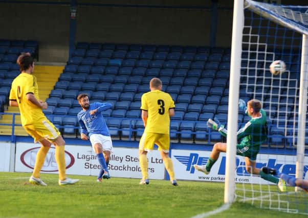 Mark Patton scores against  Shakhtyor Soligorsk  during Thursday night's UEFA Europa League first qualifying round  first leg match at Mourneview Park.