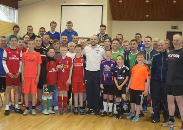 Former Northern Ireland international Stuart Elliott (front, centre), pictured with some of the players who took part in the Ballykeel Presbyterian five-a-side event.