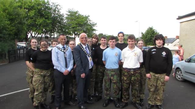 Young  people from the Ballymena 2349 Air Training Corp (ATC) & Cullybackey Army Cadets Force (ACF), 1st Battalion met up with the Mayor and Deputy Mayor of Mid & East Antrim at the weekend Independence Day Celebrations in Cullybackey. (Submitted Picture).