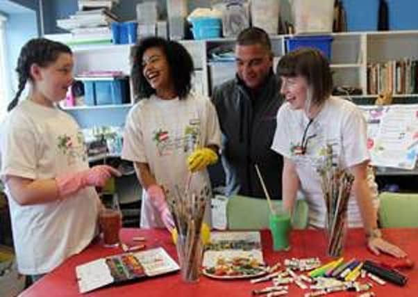 (L-R) Playhouse Children and Teens Arts Festival participants Ellen McGuickin and Hannah McCaughan, Marc Desmond of Partridge Peartree Promotions, and festival Co-ordinator Jessica Caldwell.