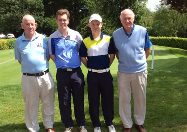 Fred Coyle, Duncan Fleming, Chris Black, and Roy McGrath after their round at Dunmurry Golf Club. Chris Black set a new best score in a juvenile competition when he returned a six under 64 on Sunday, 28th June.